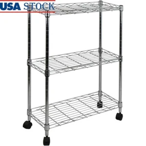 3-Tier Chrome Utility Cart Adjustable Shelves Mobile Storage Cart W/ Casters New - Picture 1 of 5