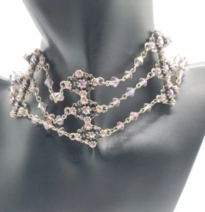 Yoshi NY Triple Strand Pink Rainbow Crystal Rhinestone Choker Necklace - Picture 1 of 19