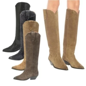 Women Knee High Knight Boots Synthetic Suede Leather Block Heel Cowboy - Picture 1 of 14