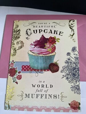 Happy Birthday Greeting Card Cupcake Gold Embellished Matching Envelope - Image 1 of 4