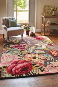 Bold Floral Bloom Area Rug - Multi-Color Pink Red Blue on Dark Brown / Grey - Picture 1 of 5