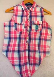 Superdry Ladie's The Trailer Tie Shirt Pink Blue Plaid Sleeveless Shirt Stud XS - Picture 1 of 10