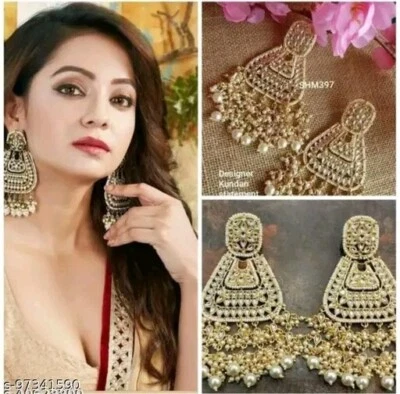 Elegante Brinco de Prata Afgani Jhumka Kundan Pérola Branca Roupa de Festa Joias Cz - Imagem 1 de 4