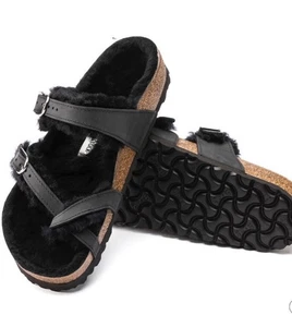 Birkenstock Mayari Black Shearling Lined Sandals Buckle Straps. Size 9. - Picture 1 of 12