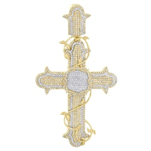 10K Two Tone Gold Diamond Men's Charm Budded Cross w/ Vines Wreath Pendant 1 CT - Picture 1 of 6