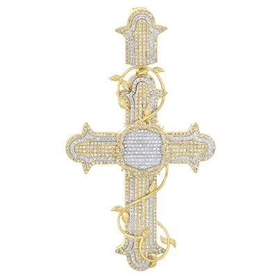 10K Two Tone Gold Diamond Men's Charm Budded Cross w/ Vines Wreath Pendant 1 CT - Image 1 of 4