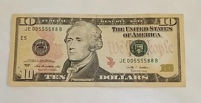 10 Dollar bill 2009, JE 00555588 B, E5 - Image 1 of 4