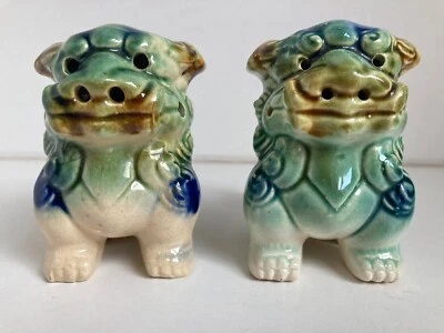 vintage Chinese foo dogs glazed pottery ceramic green/blue 10cm pair - Image 1 of 4