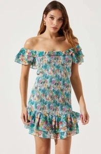 ASTR The Label M Green Pink Blue Floral Smocked Sleeveless Dress Tropical - Picture 1 of 7