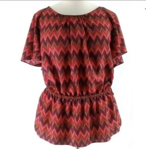 Beverly Drive 20 22W Top Bluse burgunderrot hellbraun Chevron Gummibund Schleife süß - Bild 1 von 7