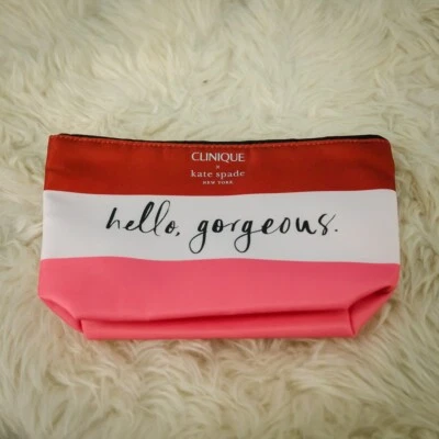 Clinique Kate Spade Rojo Blanco Rosa Tela Cremallera Viaje Top Maquillaje Estuche Bolsa Foto 1 de 4