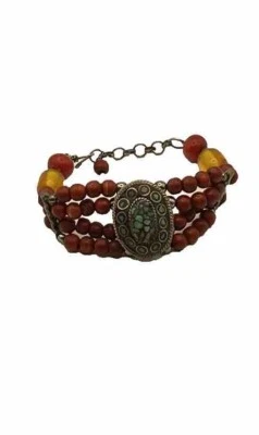 Tibetan Native Turtle Shell Shape Silver Turquoise Coral Boho Bracelet Heavy Pc. - Image 1 of 4