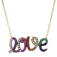 'Love' Rainbow Cubic Zirconia Script Necklace in Gold-Plated Silver, 16" + 2"