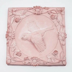 Studio Pottery Vintage Pink Tile Artisan Crafted Bird Flowers Signed Wall Art - Picture 1 of 5