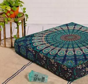 35" Indian Blue Peacock Mandala Square Floor Pillow Case Cushion Cover Dog Bed - Picture 1 of 2