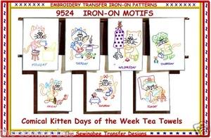 Vintage Embroidery Transfer 9524 Comical Kitten Days of the week Transfer Towels - Picture 1 of 1