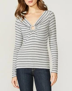 BAILEY 44 Light Gray Striped WARM & FUZZY SWEATER Soft Knit Keyhole V-neck L - Picture 1 of 4