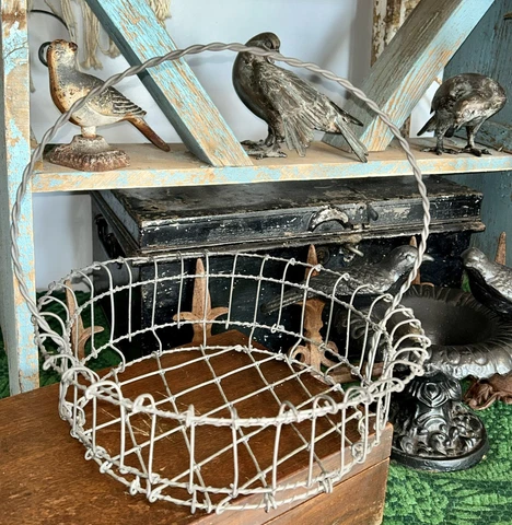 Antique French Country Farmhouse Scrolled Iron Wire Garden Basket 12" Vintage Cover