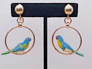 1940's Rare Celluloid Blue Parrot Screw Back Dangle Hoop Earrings Vintage Retro - Picture 1 of 12
