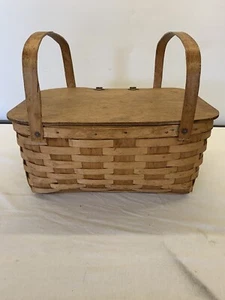Authentic Vintage Large Oak Splint Lidded Wood Picnic Basket ~ Country Farmhouse - Picture 1 of 19