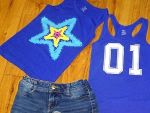 July stars shirts tank tops denim shorts athletic Outfit  M 7 8 patriotic blue - Picture 1 of 3
