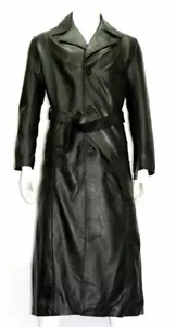 Mens Lambskin Leather Trench Coat Black | Slim Fit Full Length Biker Overcoat | - Picture 1 of 7