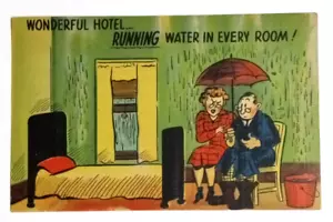 Wonderful Hotel Running Water in Every Room Humor Comic Postcard c1940s Linen - Picture 1 of 2