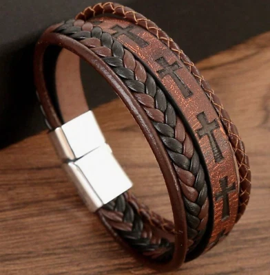 Модный мужской браслет с брелоками с магнитной застежкой из искусственной кожи и цинкового сплава 8,25 дюйма - Изображение 1 из 4