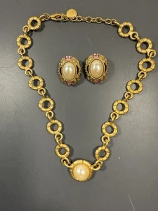Vintage YSL Stil Kunstperlen goldfarben Halskette und Ohrringe Set - Bild 1 von 3