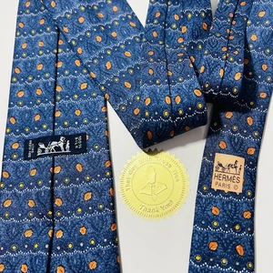 "Corbata de seda azul Hermes 7833 UA genuina con hojas naranjas 59,5 x 3,67"" nueva sin etiquetas" - Imagen 1 de 12