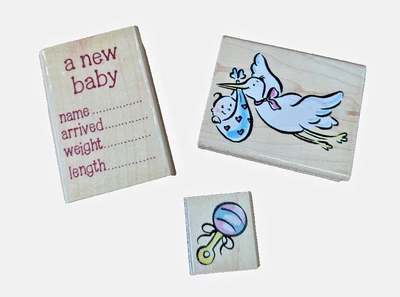 Lote de sellos de goma montados en madera (3) anuncio de baby shower estampida cigüeña sonajero Foto 1 de 4