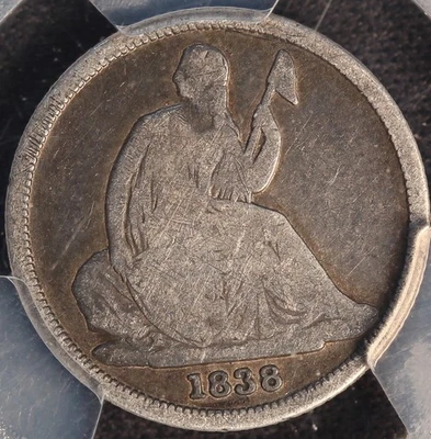 Moneda de diez centavos 1838 O, libertad sentada sin estrellas, graduación profesional G06, ¡resistente tipo moneda de un año! Foto 1 de 4