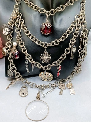 Multi Strand Charm Necklace Silver Tone Multiple Charms, Rhinestones, Unique - Image 1 of 4