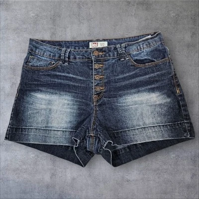 Pantalones Cortos de Jean Lei Desteñidos Lavado Oscuro Botón Mosca Tiro Alto Elastizados Talla 13 E49 Foto 1 de 4