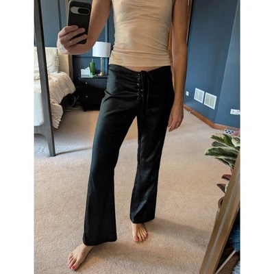 Y2K Black Lace-Up Pants – Satin Look, Low Rise, Club Kid Vibes Size 8/10 - Image 1 of 4