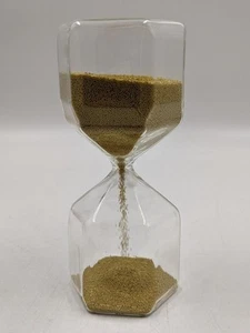 Clear Glass & Gold Bead Hexagonal Hourglass Timer 6.5" Tall 1 minute18 sec - Picture 1 of 5