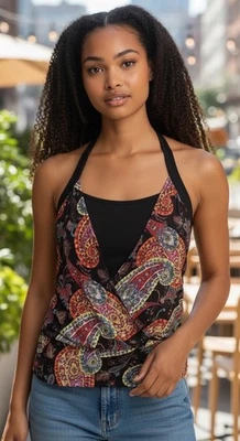 NWT JUNIOR'S IZ BYER LAYERED BROWN PAISLEY HALTER TOP SIZE XL MSRP $36.00 - Image 1 of 4