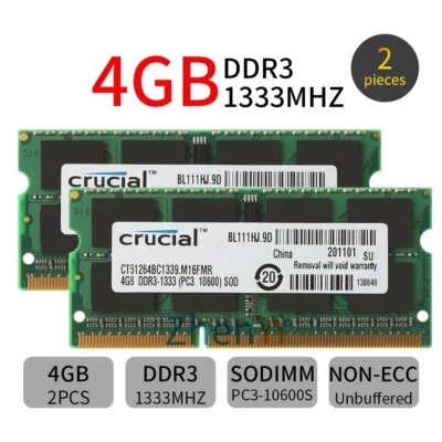 Crucial 8GB Kit 2x 4GB DDR3 PC3-10600S 1333MHz 204Pin SODIMM Laptop Memoria IT - Image 1 of 4