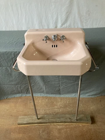 Vtg 19x23 Coral Pink Porcelain Cast Iron Sink Chrome Legs Towel Bars 397-22E Cover