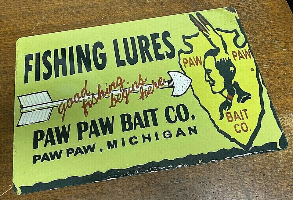 Señuelos de pesca Paw Paw Bait vintage rústico retro aluminio metal letrero 12" x 18" Foto 1 de 1