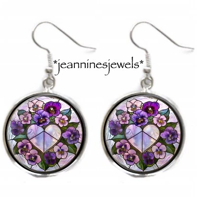 Purple Heart Charm EARRINGS Faux Stained Glass Valentine Art Print Silver Dangle - Image 1 of 4