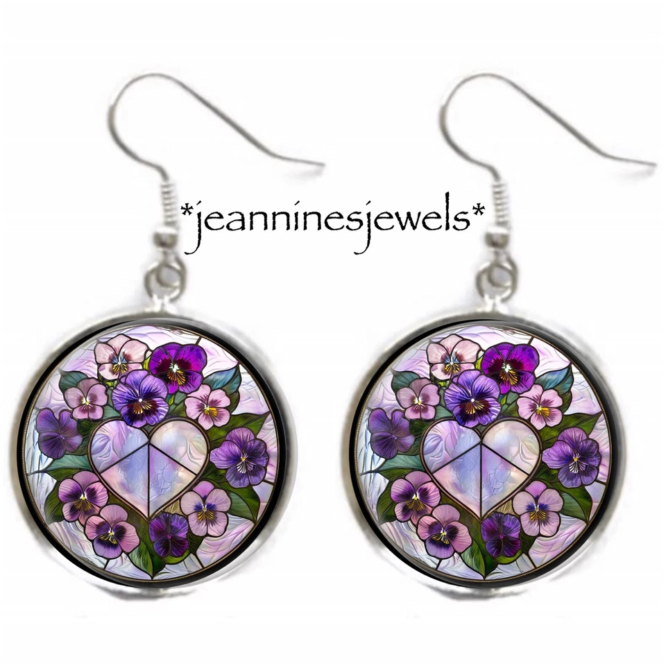 Purple Heart Charm EARRINGS Faux Stained Glass Valentine Art Print Silver Dangle - Image 1 of 4