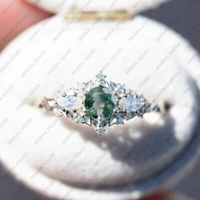 Anillo con racimo de piedras preciosas de ágata musgo y circonita cúbica, plata de ley 925 chapado en oro regalo para ella  Foto 1 de 4