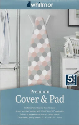 NUEVA Funda para Tabla de Planchar Acolchada de Algodón Whitmor Gris Melocotón Blanco Elástica con Correas Foto 1 de 2