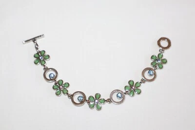 M4M Silver Tone Green Flowers Blue Rhinestone Circle Bracelet Signed Toggle - Image 1 of 4
