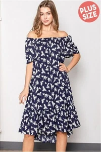 Navy Blue Floral Plus Size Maxi Dress 2XL Cold Shoulder High Low - Picture 1 of 2