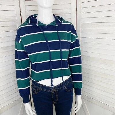 Charlotte Russe Sudadera con Capucha Corta Mujer Pequeña Azul Verde Rayas Dobladillo Crudo Y2K Foto 1 de 4