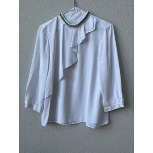 Zara Women's White Flowing Blouse Shirt With Beaded Collar Small S 3/4 Sleeves - Picture 1 of 10
