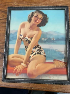 VTG Orgional Pin Up Print Signed Zoe Mozert in Old Silver Wood Art Deco Frame - Picture 1 of 8