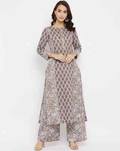 Indian Women Grey Ethnic Motifs Printed Kurta with Palazzo Set Pack Of 2 Pieces - Picture 1 of 8